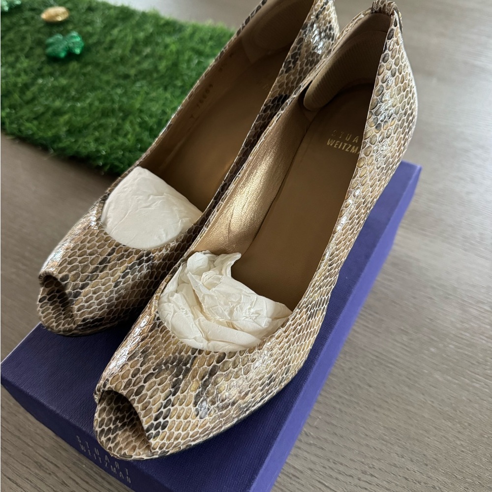 Stuart Weitzman Snakeskin Peep-Toe Heels - Tan